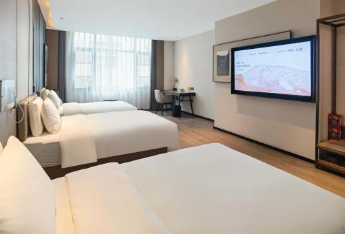 拉萨拉萨布达拉宫广场亚朵酒店的一间配有两张床和一台平板电视的酒店房间