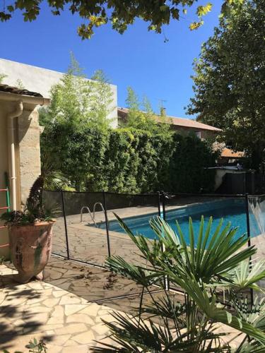 une clôture à côté d'une piscine entourée de plantes dans l'établissement La villa de Jacques et Mitzi, à Villeneuve-lès-Béziers
