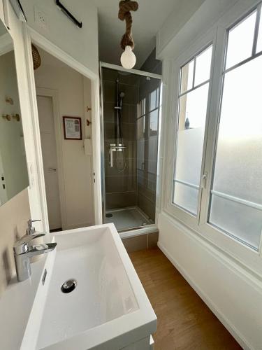 une salle de bain blanche avec une douche et un lavabo dans l'établissement Appartement centre-ville 2 personnes, à Troyes