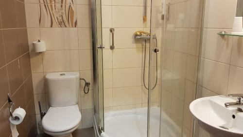 a bathroom with a shower and a toilet and a sink at Belfort- Łomża in Łomża