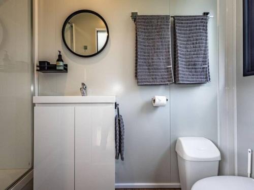 a bathroom with a toilet and a mirror at Rural retreat - Rua cabin in Ohakune