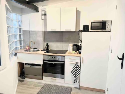 une cuisine avec une cuisinière, un évier et un micro-ondes dans l'établissement Appartement 2-4 personnes, Proche Paris, 1 min du RER A, Évasion urbaine, à Saint-Maur-des-Fossés
