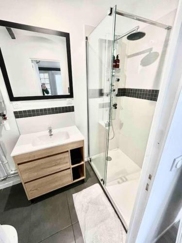 une salle de bain avec une douche, un lavabo et un miroir dans l'établissement Appartement 2-4 personnes, Proche Paris, 1 min du RER A, Évasion urbaine, à Saint-Maur-des-Fossés