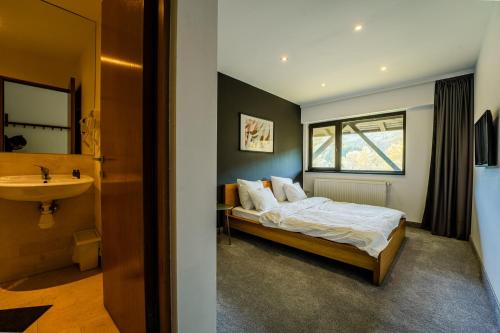 a bedroom with a bed and a sink at Cabana Haiducului in Teşila
