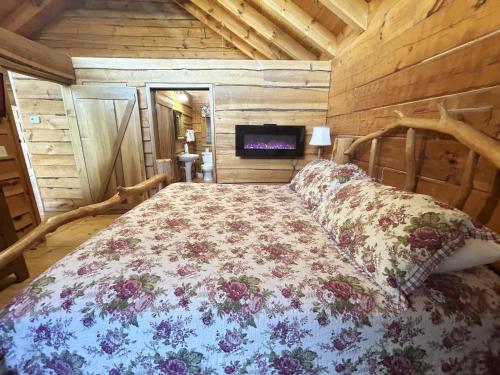 a bedroom with a bed in a log cabin at Honeymoon View #2 in Little Cove