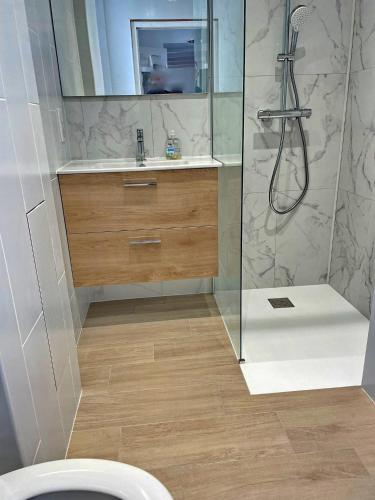 une salle de bain avec une douche avec un lavabo et des toilettes dans l'établissement 473-Villa, 100m du GR34 Superbe vue mer, à Esquibien