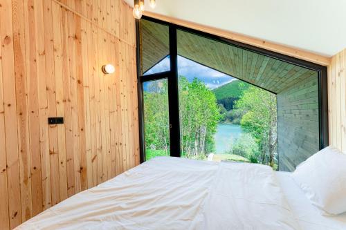 a bed in a room with a large window at Vila ZIA in Teşila