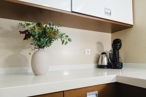 a vase filled with flowers on a kitchen counter at Villa Mastlo in Assenta