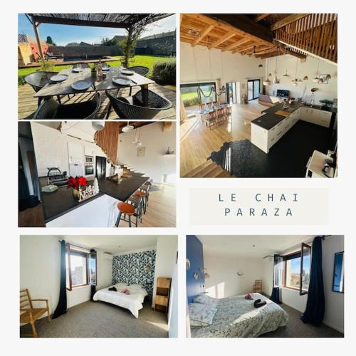 un collage de quatre photos d'une maison dans l'établissement Ancien chai rénové avec piscine, à Paraza