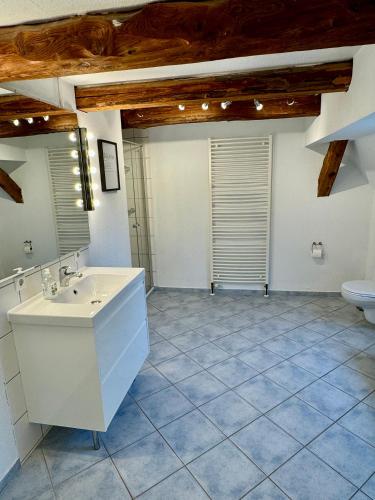 a bathroom with a sink and a toilet at Obermühle Duderstadt in Duderstadt