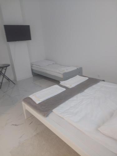 a bed in a white room with a white wall at Apartamenty Nogalin in Józefów