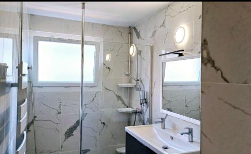 une salle de bain avec un lavabo et une douche dans l'établissement Spacieux T3 Sète, parking, 10 min à pied gare et centre ville, wifi, clim, à Sète