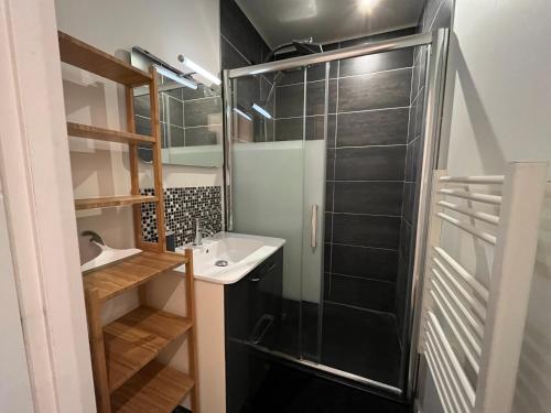 une salle de bain avec douche et lavabo dans l'établissement La Cathédrale, à Reims