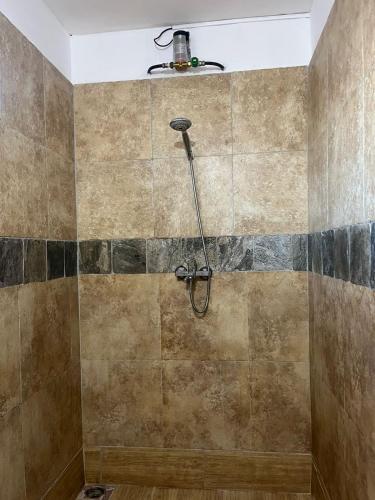 a shower with a shower head on a tiled wall at Lavish 4 bedroom apartment in Curepipe