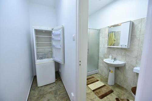 Un baño con nevera y lavabo. en Marcos Studio Apartment, en Bucarest