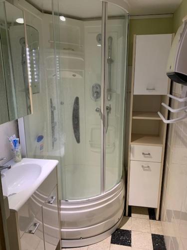une salle de bain avec douche et lavabo dans l'établissement Bray-Dunes avec jardin - 3chambres, à Bray-Dunes