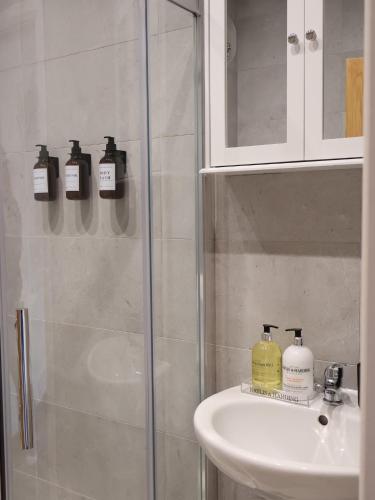 a bathroom with a shower and a sink and a toilet at Alban Suites in St. Albans