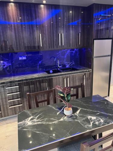 a kitchen with a table with a plant on it at MONASTHRIOY PALLAS 3 By MAKHOME in Thessaloniki
