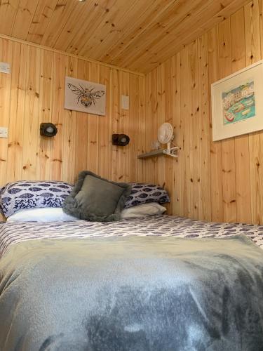 a bedroom with a bed in a wooden wall at The Lookout in Padstow