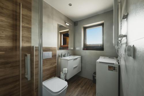 Un baño con inodoro, lavabo y ducha. en Domek pod Herbikiem, en Odrowąż