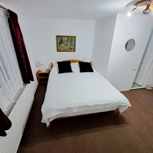 a bedroom with a white bed with black pillows at Pensiunea Mateo in Bran