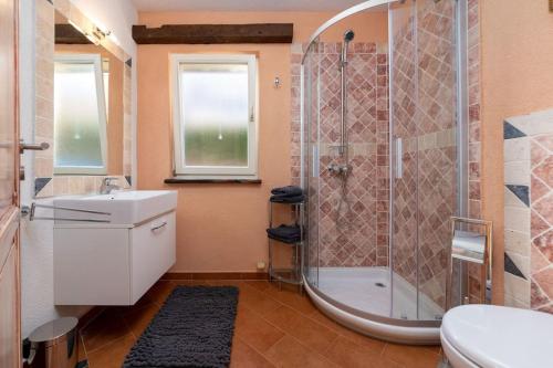 a bathroom with a shower and a sink at Casa Vivo in Labinci
