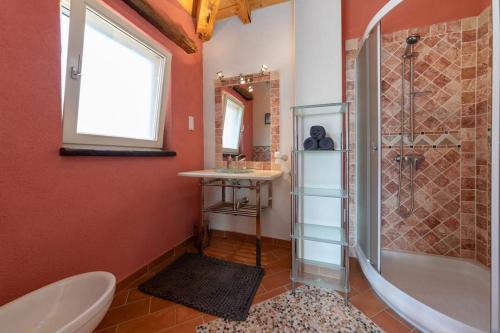 a bathroom with a shower and a toilet and a sink at Casa Vivo in Labinci