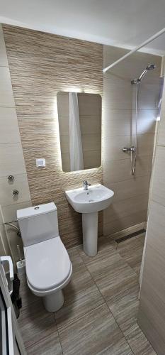 a bathroom with a toilet and a sink and a mirror at Motel Cristina in Bicaz