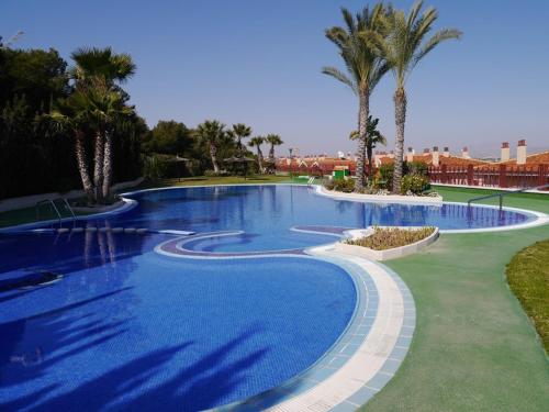 une grande piscine avec des palmiers dans un complexe hôtelier dans l'établissement Preciosa casa con terraza y piscina R106 by Novadesta, à Puerto Marino