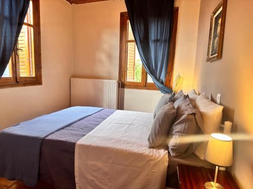 a bedroom with a bed and two windows at Pandoras House Arachova in Arachova