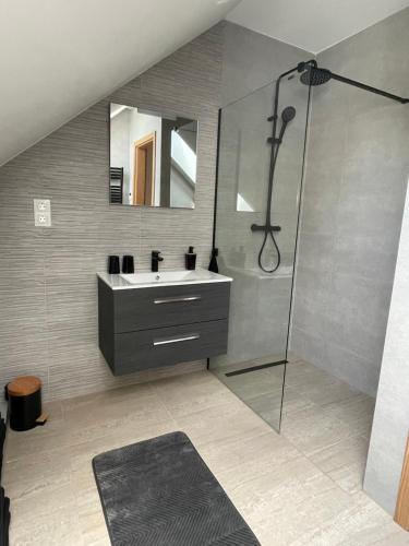 a bathroom with a sink and a shower at Villapark Vonyarcvashegy Libella in Vonyarcvashegy