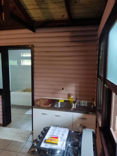 a small kitchen with a stove and a sink at Cabana na Montanha in Morretes