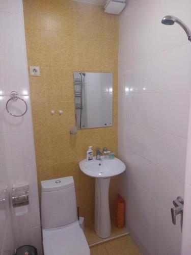 a bathroom with a toilet and a sink and a mirror at SWEETHOSTEL in Tbilisi City