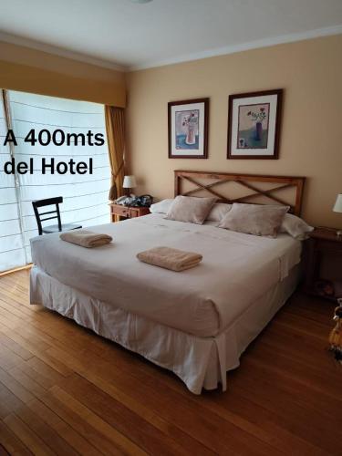 a bedroom with a large bed in a hotel at Hotel y Cabañas Llanuras de Diana - Caja Los Andes in Puerto Natales