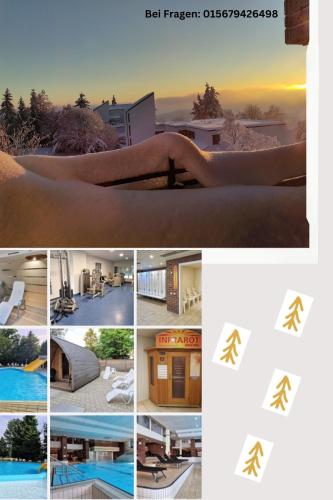 a collage of photos with a picture of a persons arm at Sauna, Pools mit XXL-Terasse oder Kinderkino in Sankt Englmar