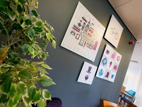 a wall with posters and a plant on it at YHA London Thameside in London