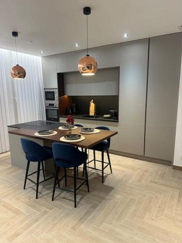 une cuisine avec une table et des chaises dans une pièce dans l'établissement Ramier, à Saint-Étienne