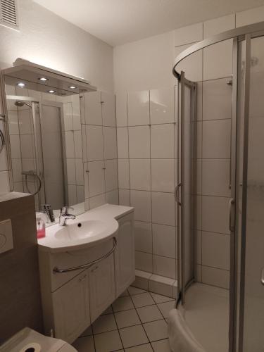 a bathroom with a sink and a shower at Apartment Morgengruß - Pool & Sauna in Hohegeiß