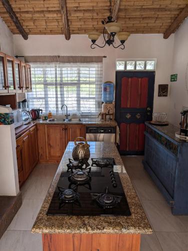 a kitchen with a stove with a tea kettle on it at Quinta Paolita in Tumbabiro