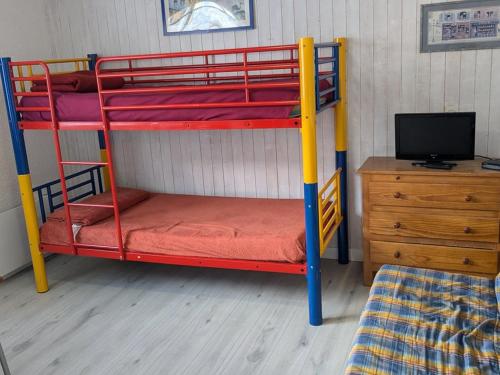 une chambre avec deux lits superposés et une télévision dans l'établissement Charmant studio 19m² pour 4 pers., accès direct pistes, proche commerces et activités, Orcières - FR-1-262-81, à Forest des Baniols