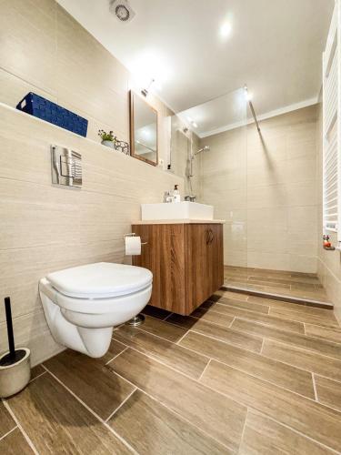 GyőrújbarátにあるMamacita stúdió apartmanのトイレと洗面台付きのバスルーム