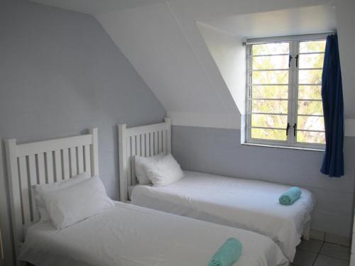 two beds in a small room with a window at Crow's Nest Self-Catering Accommodation in Saldanha