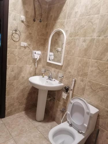 a bathroom with a toilet and a sink and a mirror at فخامة المصيف للشقق المخدومة 2 in Taif