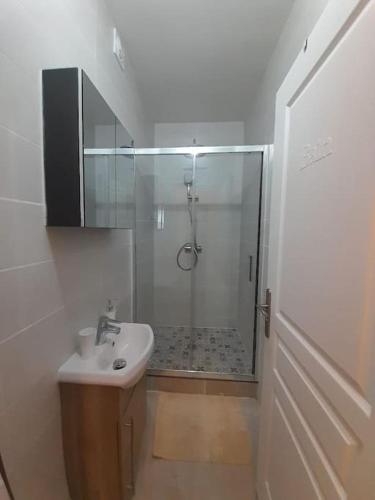 une salle de bain blanche avec une douche et un lavabo dans l'établissement Appartement à 10min du Stade de France, à Saint-Denis