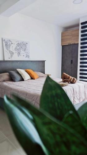 a bedroom with a large bed with pillows on it at Atardecer Sur Belgrano in Ushuaia