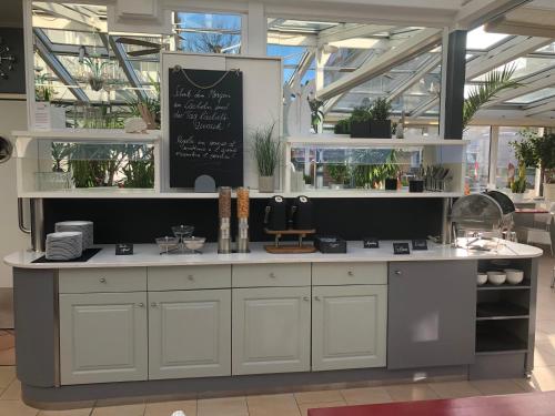 a counter in a room with plants on shelves at Villa Alba in Binz