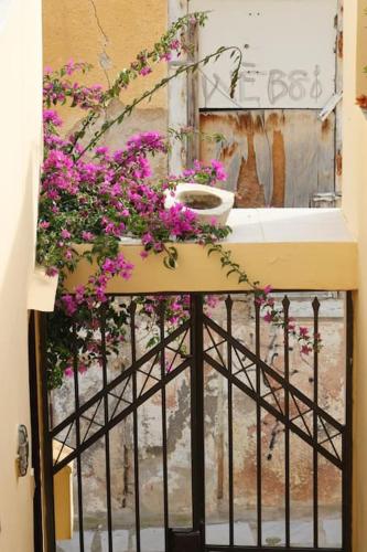 a balcony with purple flowers on a fence at Efi Cozy Loft with Courtyard in Central Ermoupoli in Ermoupoli