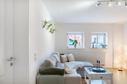 a living room with a couch and a table at Alsfelder Wein-Suite in Alsfeld