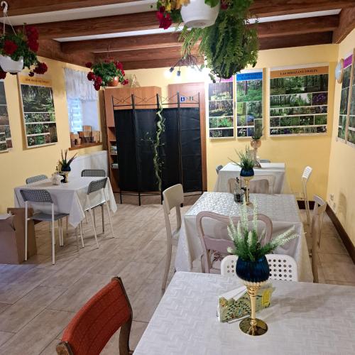 a restaurant with white tables and chairs and plants at Dom myśliwski in Mosty