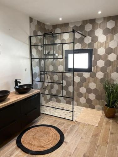 a bathroom with a shower and a sink at Maison splendide avec piscine in Ribérac